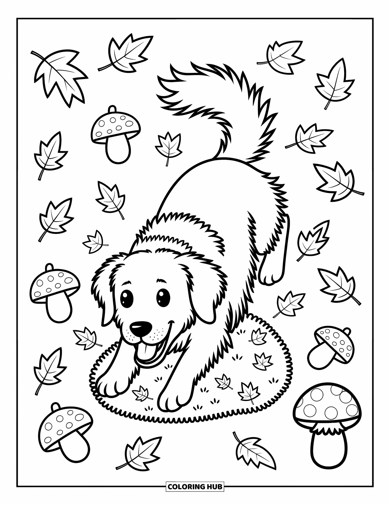 Golden Retriever Coloring Page for Adults: The dog leaps into a fluffy pile of leaves, ears flapping and tail wagging