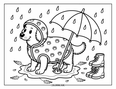 Desen de colorat cu Golden Retriever pentru adulți: Câinele se joacă în ploaia ușoară cu frunze plutind, o haină confortabilă și cizmuliță de ploaie