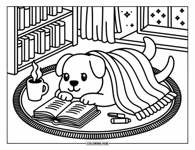 Desen de colorat cu Golden Retriever pentru adulți: Câinele se relaxează pe un covoraș cu o carte și o cană aburindă lângă o lampă aprinsă