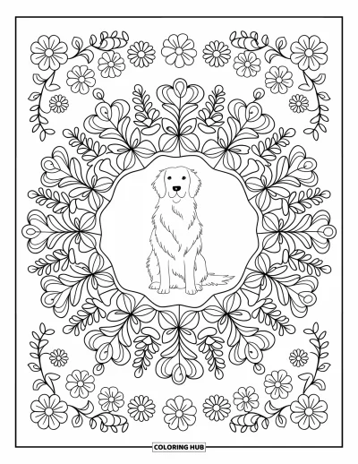 Desen de colorat cu Golden Retriever pentru adulți: Cățelușul liniștit stă în centrul unei mandale pline de flori pe toată pagina