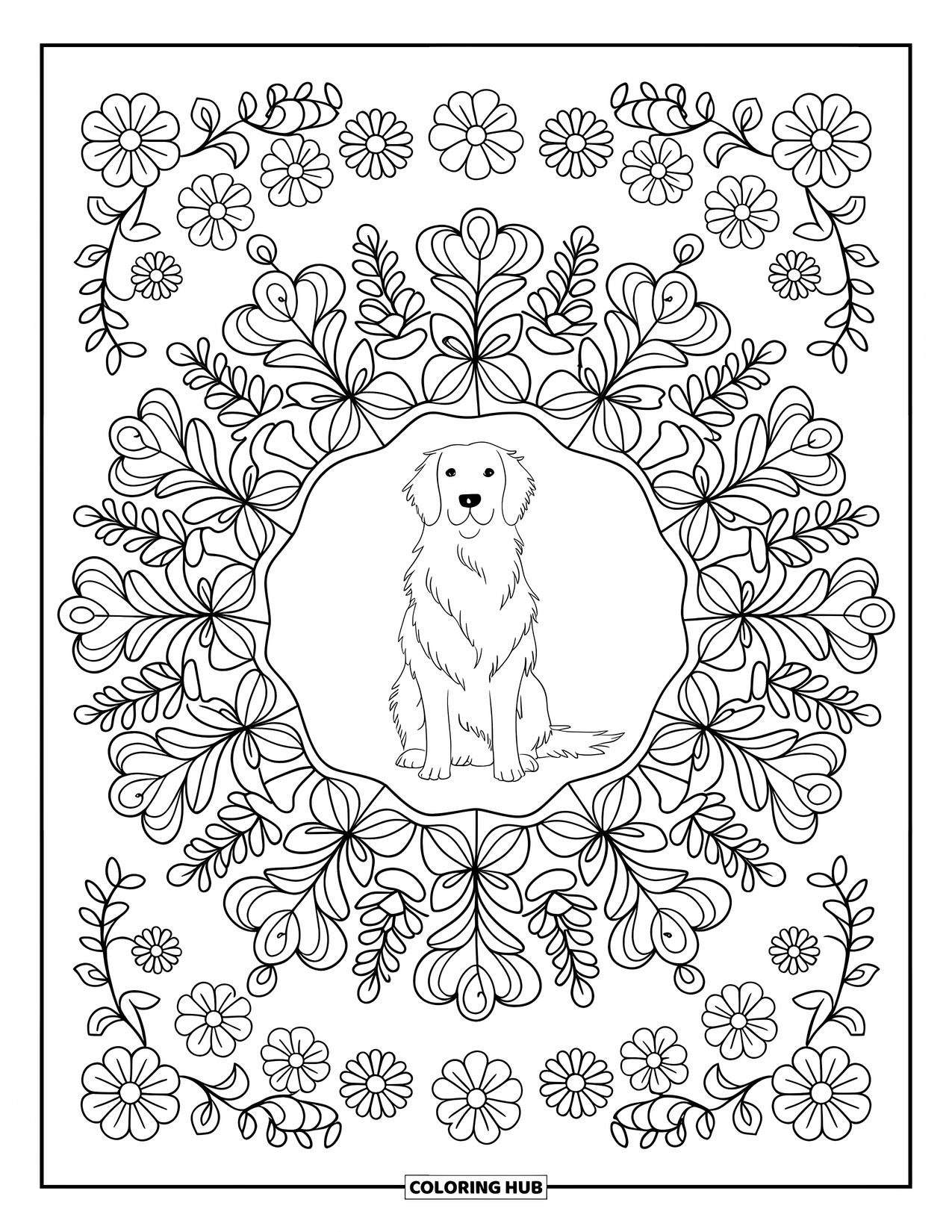 Golden Retriever Coloring Page for Adults: The peaceful pup sits at the center of a full-page flower-filled mandala