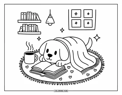 Desen de colorat cu Golden Retriever pentru adulți: Cățelușul savurează o băutură caldă și o carte în timp ce stelele strălucesc prin fereastră