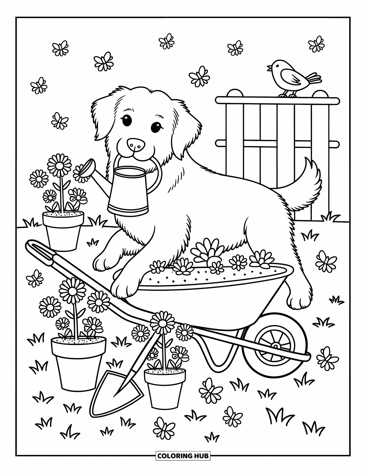 Golden Retriever Coloring Page for Adults: The pup holds a watering can in a garden full of daisies and tiny butterflies