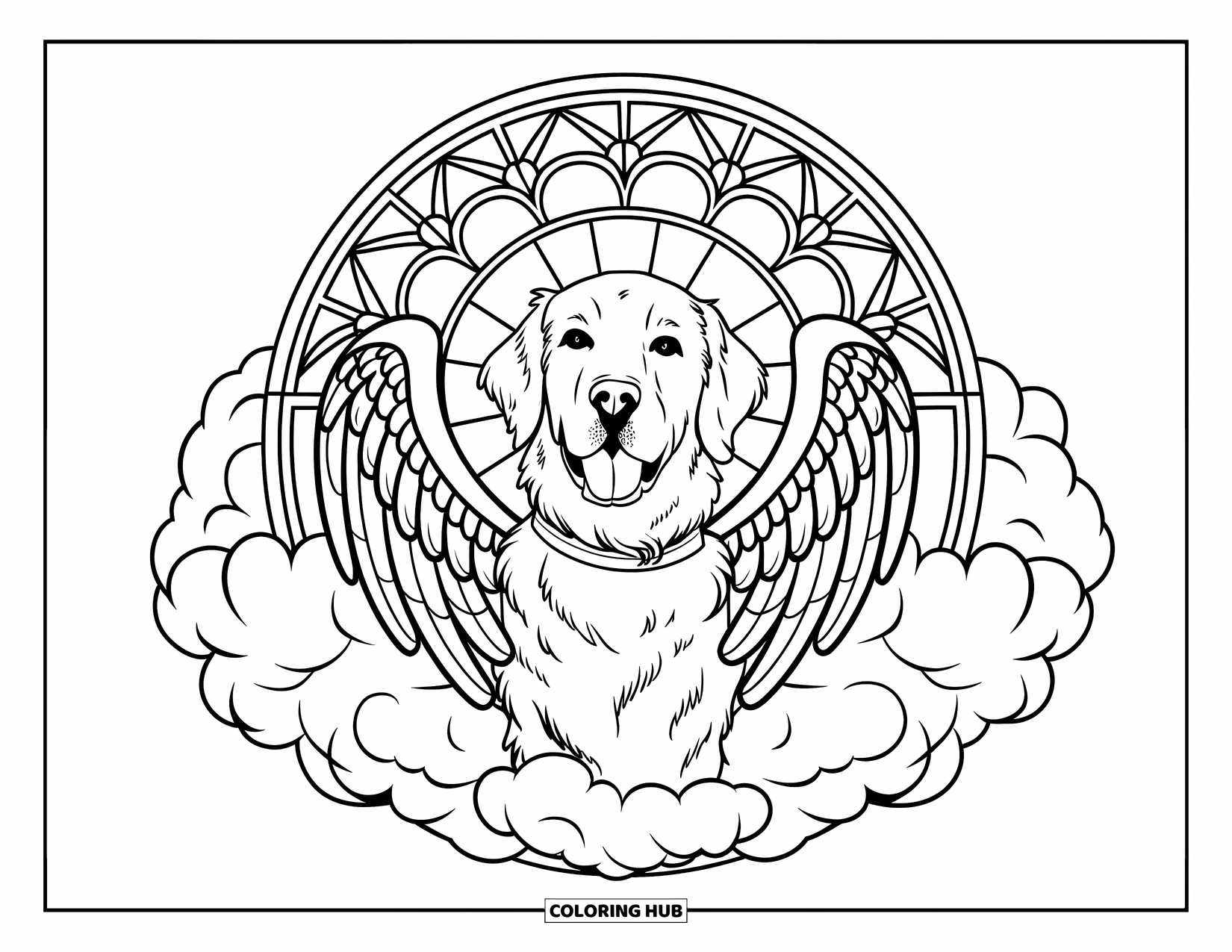 Golden Retriever Coloring Page for Adults: The pup rests with folded wings surrounded by clouds and a glowing stained glass halo
