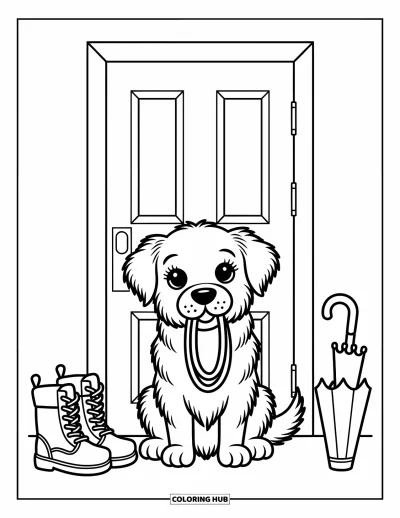 Desen de colorat cu Golden Retriever pentru adulți: Cățelușul stă la ușă cu lesa în gură, sperând că cineva îl va scoate la plimbare