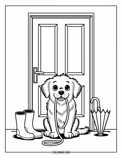 Desen de colorat cu Golden Retriever pentru adulți: Retrieverul ține lesa lângă o ușă, cu ghete și o umbrelă mică alături