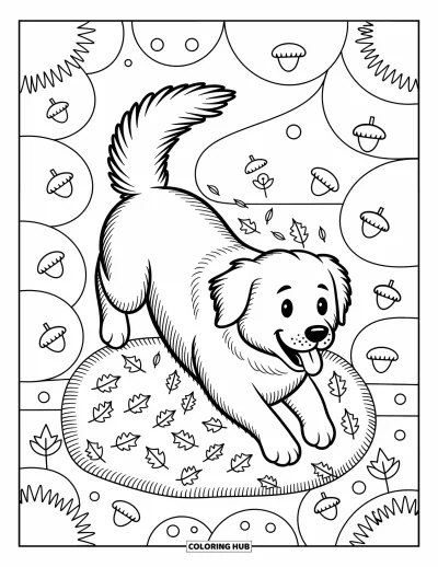 Desen de colorat cu Golden Retriever pentru adulți: Retrieverul sare într-o grămadă de frunze cu coada în mișcare și urechile floppy