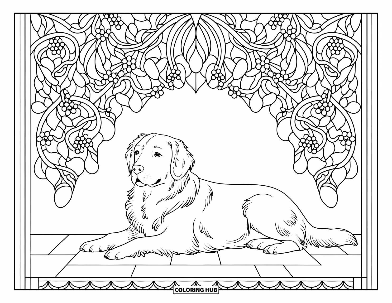 Golden Retriever Coloring Page for Adults: The retriever relaxes under a detailed stained glass canopy with flowers and swirling vines