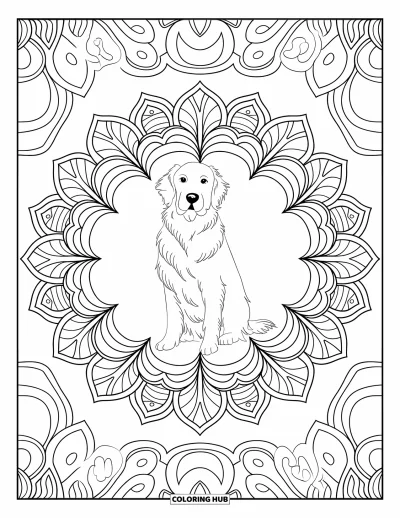 Desen de colorat cu Golden Retriever pentru adulți: Retrieverul stă senin în interiorul unei mandale cu flori și frunze detaliate