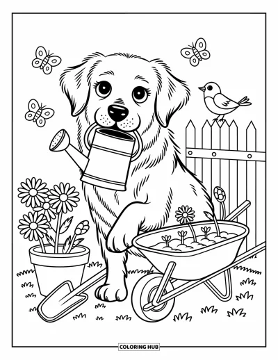 Desen de colorat cu Golden Retriever pentru adulți: Cu o lăbuță pe lopată, retrieverul udă florile într-o grădină veselă
