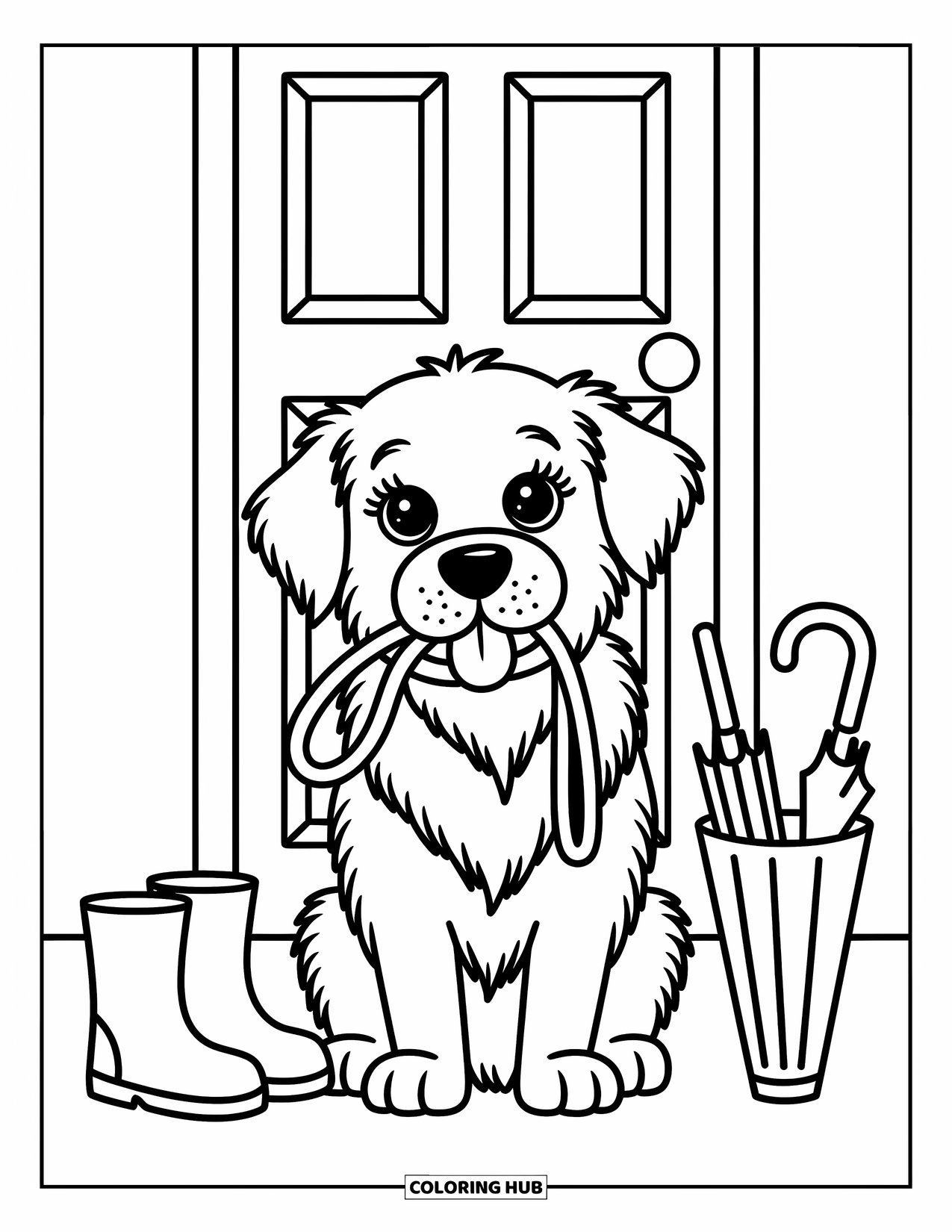 Golden Retriever Coloring Page for Adults: With big eyes and a lifted paw, the dog waits by the door to go outside