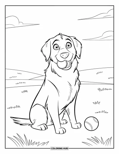 Desen de colorat cu Golden Retriever pentru copii: Un cățeluș vesel ține o minge de tenis sub un cer luminos