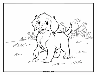 Desen de colorat cu Golden Retriever pentru copii: Un cățeluș vesel dă din coadă lângă flori viu colorate
