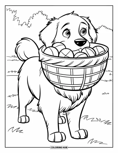 Desen de colorat cu Golden Retriever pentru copii: Un retriever vesel ține echilibrul unui coș cu mingi într-un câmp liniștit