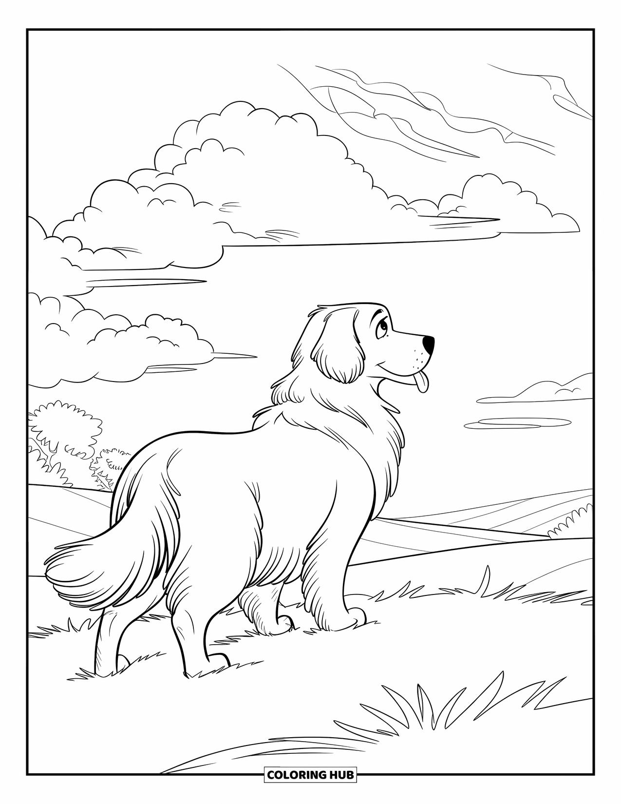 Golden Retriever Coloring Page for Kids: A fluffy retriever gazes over a peaceful hill under a cloudy sky