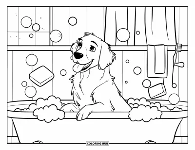 Desen de colorat cu Golden Retriever pentru copii: Un retriever pufos face baie cu spumă și bucăți de săpun în jur