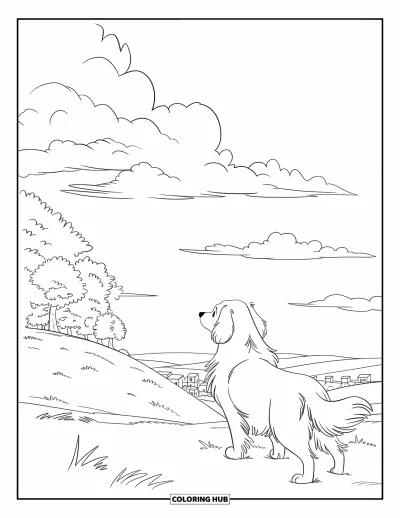 Desen de colorat cu Golden Retriever pentru copii: Un Golden Retriever privește de pe un deal liniștit sub nori moi