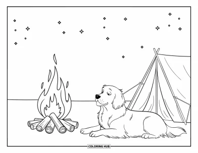 Desen de colorat cu Golden Retriever pentru copii: Un Golden Retriever doarme lângă un foc de tabără sub un cer înstelat