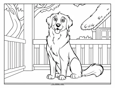 Desen de colorat cu Golden Retriever pentru copii: Un Golden Retriever stă liniștit pe prispă lângă un copac și o casă