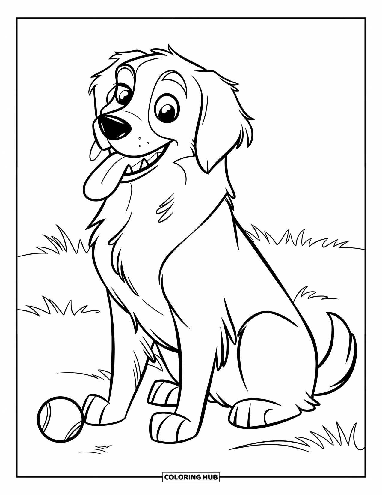 Golden Retriever Coloring Page for Kids: A golden retriever sits with its tongue out, holding a tennis ball