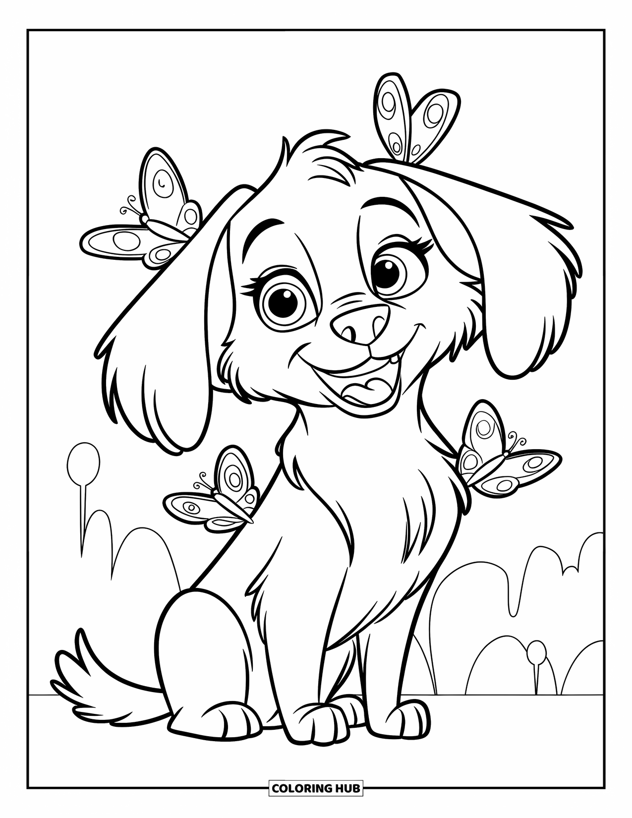Golden Retriever Coloring Page for Kids: A happy pup smiles with butterflies perched on its ears