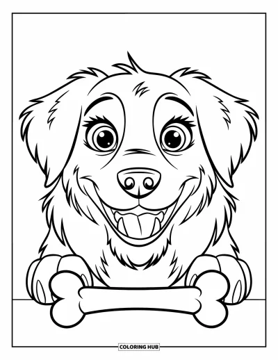 Desen de colorat cu Golden Retriever pentru copii: Un retriever fericit stă cu un os pe un fundal simplu și curat