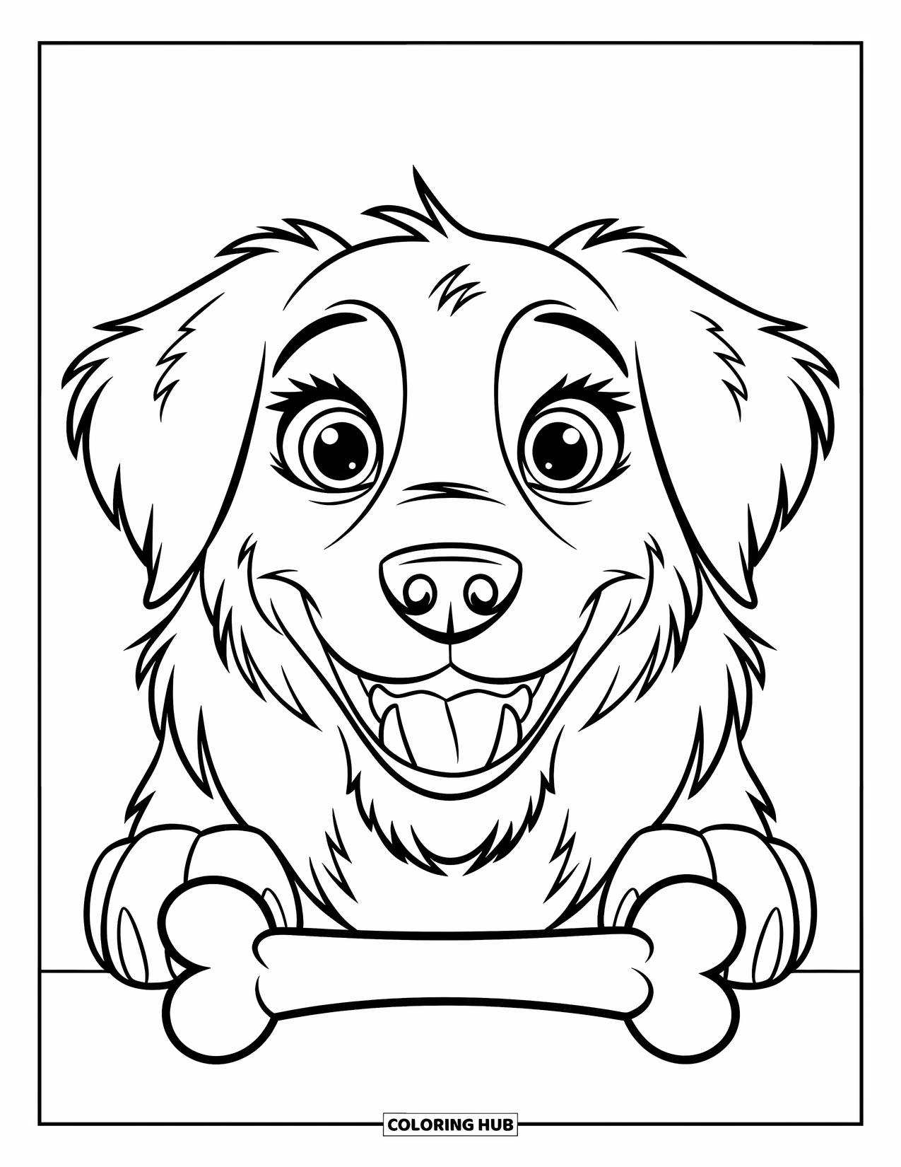 Golden Retriever Coloring Page for Kids: A happy retriever sits with a bone and a clean, simple backdrop