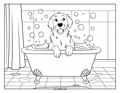 Desen de colorat cu Golden Retriever pentru copii: Un retriever jucăuș face baie cu spumă și bule de săpun plutind în jur