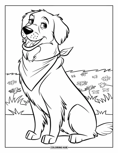 Desen de colorat cu Golden Retriever pentru copii: Un retriever mândru poartă o bandana așezat într-un câmp însorit