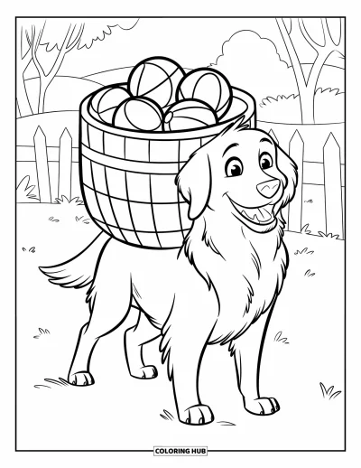 Desen de colorat cu Golden Retriever pentru copii: Câinele cară un coș cu mingi cu un zâmbet larg pe față