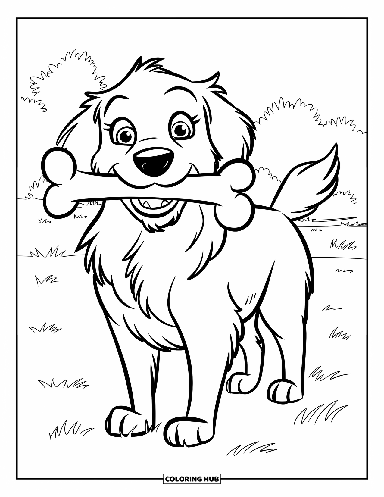 Golden Retriever Coloring Page for Kids: The dog holds a bone in its mouth on a sunny green lawn