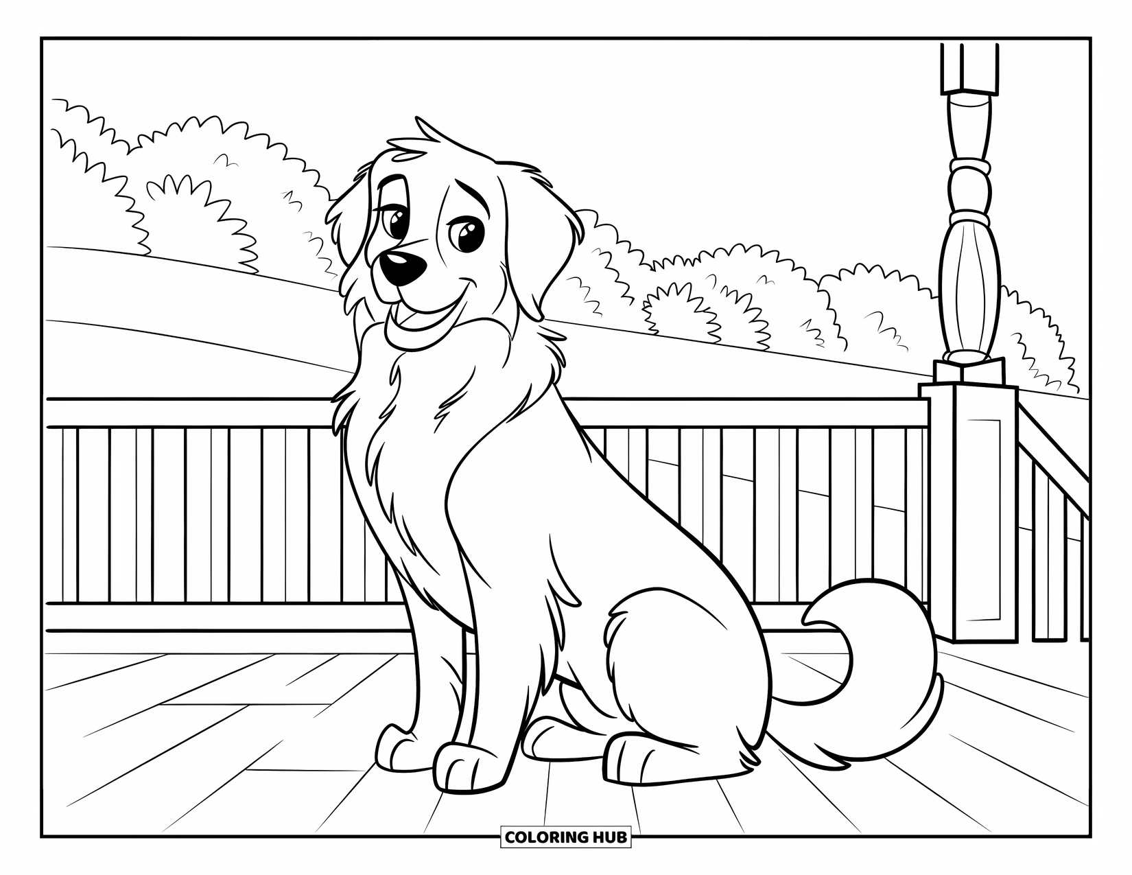Golden Retriever Coloring Page for Kids: The dog perches happily on a porch overlooking trees and hills