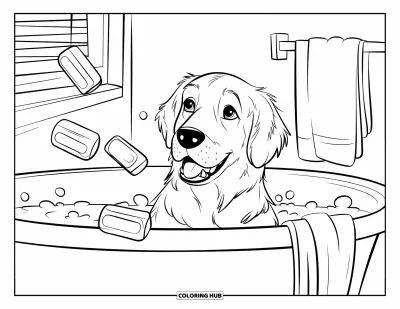 Desen de colorat cu Golden Retriever pentru copii: Câinele se relaxează într-o cadă plină de bule cu vedere pe o fereastră însorită
