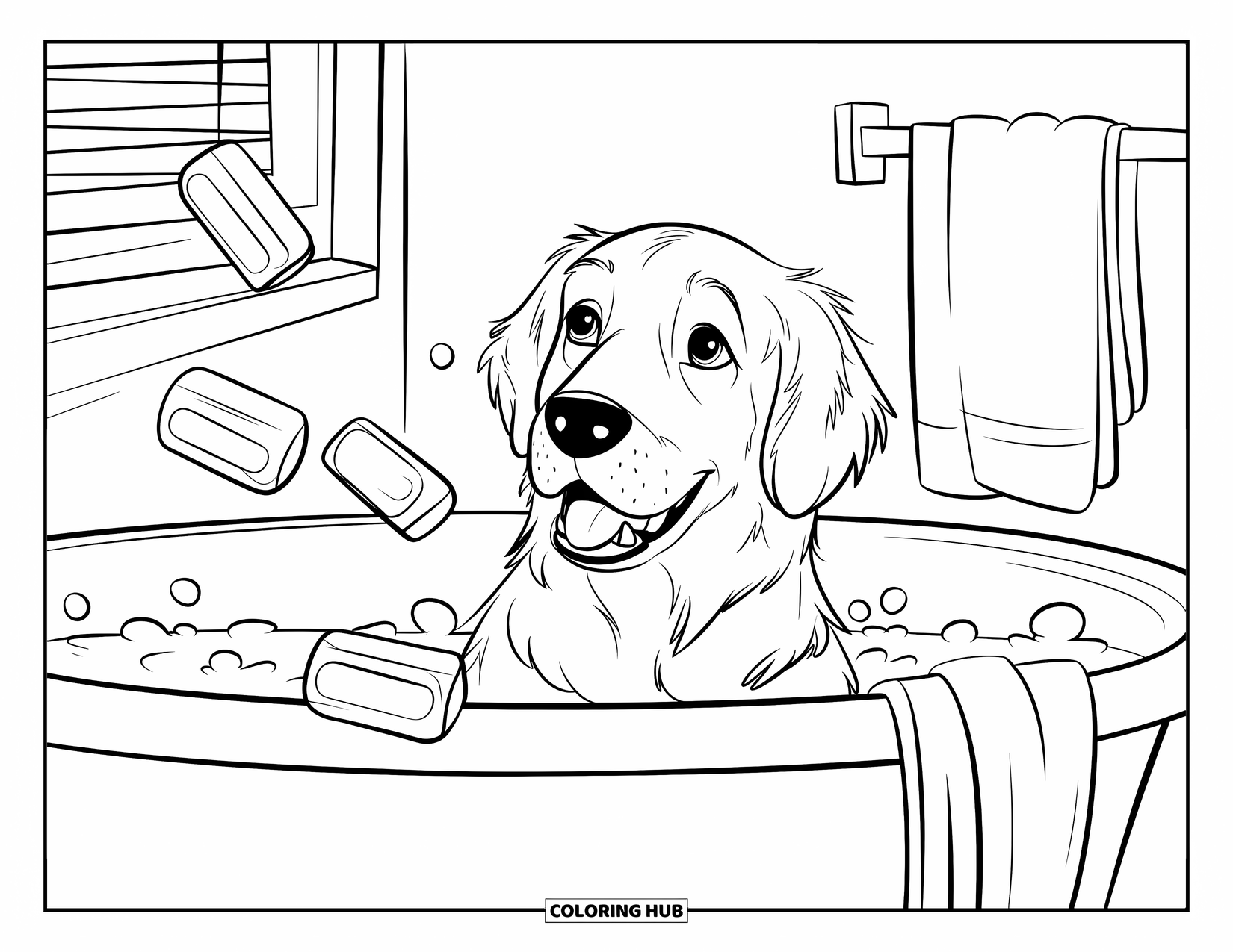 Golden Retriever Coloring Page for Kids: The dog relaxes in a tub filled with bubbles and a sunny window view