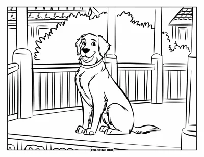 Desen de colorat cu Golden Retriever pentru copii: Câinele se relaxează pe o prispă cu coloane lângă o casă cu acoperiș roșu