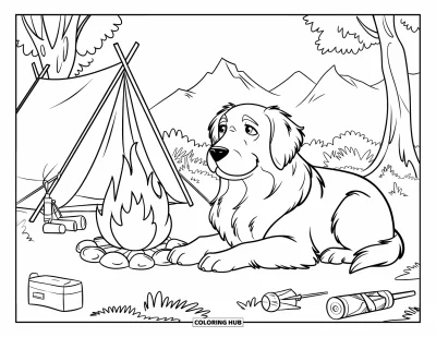 Desen de colorat cu Golden Retriever pentru copii: Câinele se odihnește lângă foc, cu copaci și un cort în jur