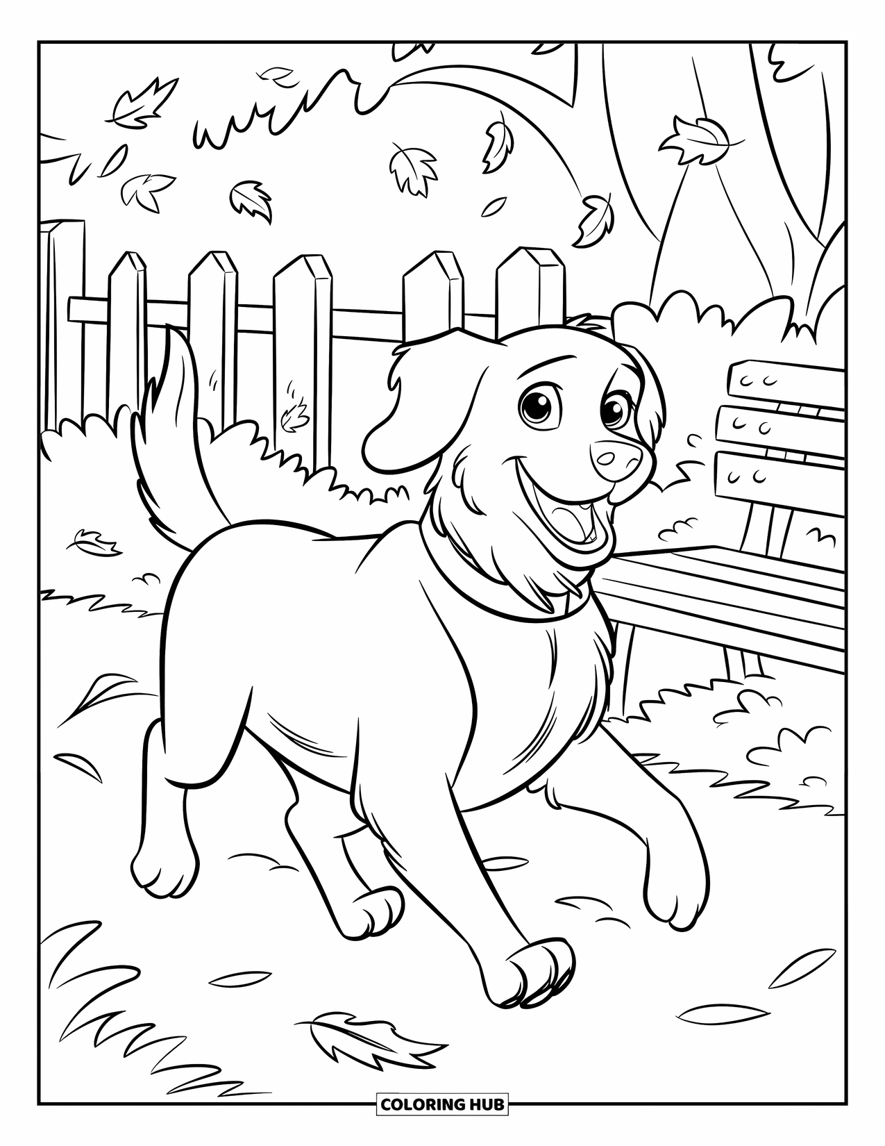 Golden Retriever Coloring Page for Kids: The dog runs happily past a bench and fence in a leafy park