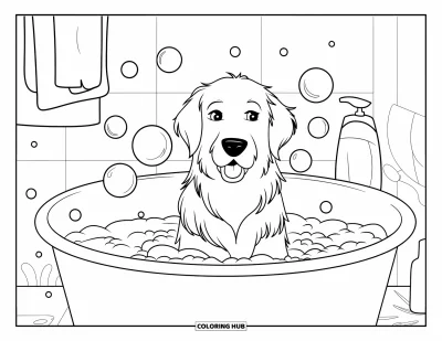 Desen de colorat cu Golden Retriever pentru copii: Câinele stă într-o baie caldă înconjurat de bule și un flacon de șampon