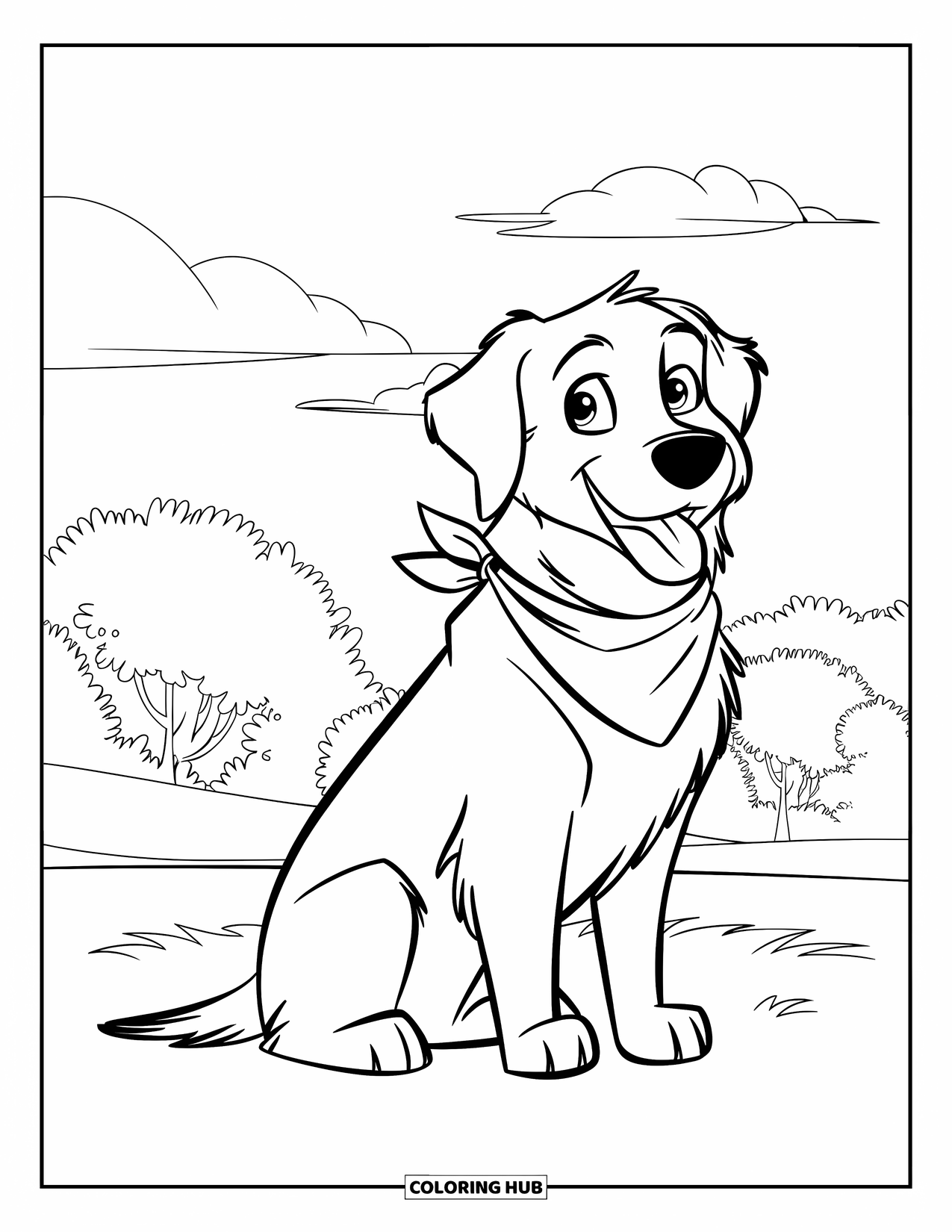 Golden Retriever Coloring Page for Kids: The dog sits with its bandana in a grassy field under a bright sky