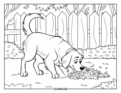 Desen de colorat cu Golden Retriever pentru copii: Cățelușul își bagă botul în frunze lângă copaci și un gard de lemn
