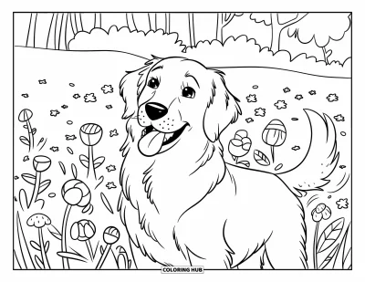 Desen de colorat cu Golden Retriever pentru copii: Retrieverul stă printre flori colorate cu o expresie plină de bucurie