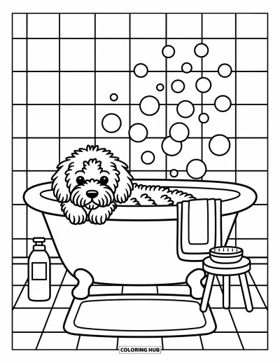Coloriage de Goldendoodle pour adultes : Un Goldendoodle duveteux dans une baignoire avec des bulles et une serviette accrochée