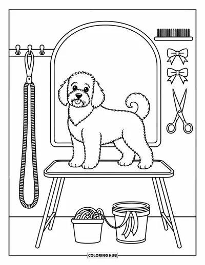 Coloriage de Goldendoodle pour adultes : Un Goldendoodle duveteux sur une table de toilettage avec un miroir et des outils de soin