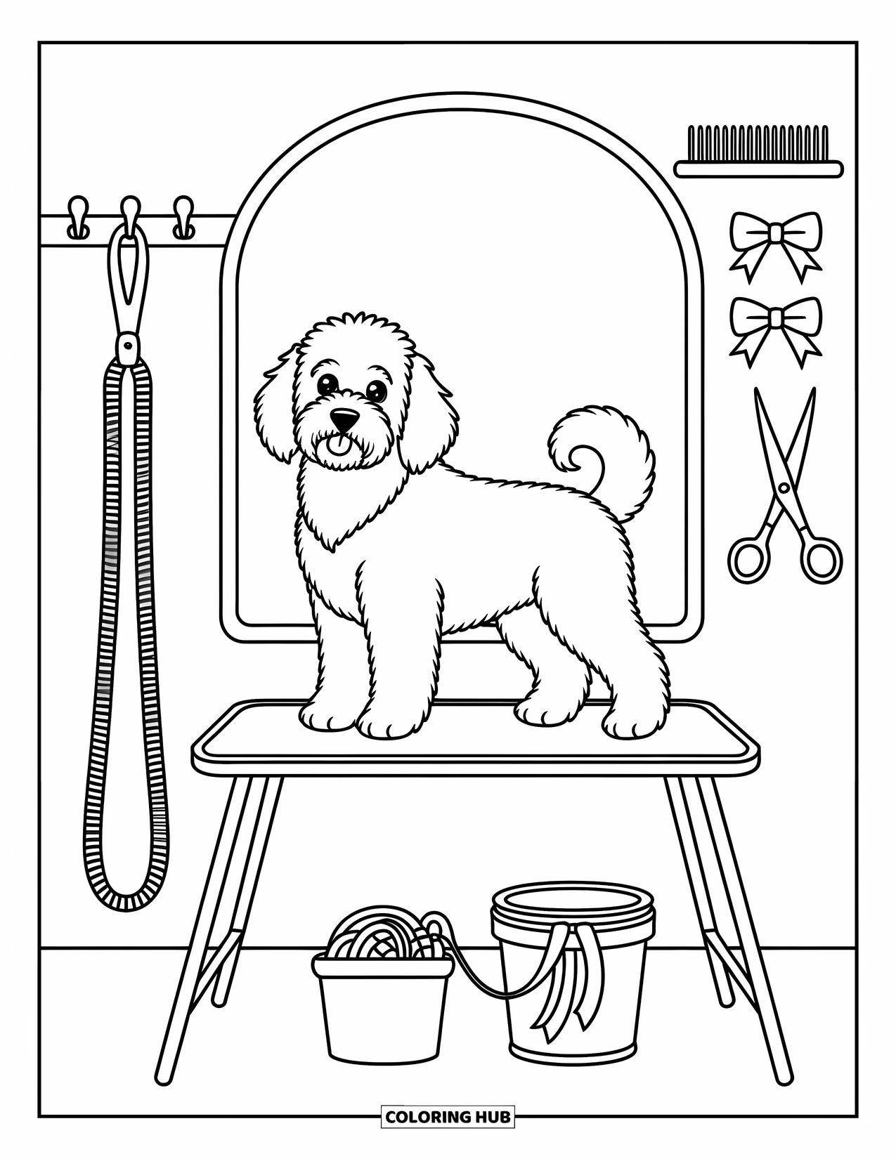 Goldendoodle Coloring Page for Adults: Fluffy goldendoodle on a grooming table with mirror and grooming tools