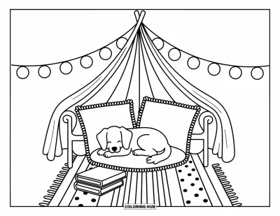 Coloriage de Goldendoodle pour adultes : Un Goldendoodle duveteux se reposant dans une cabane en couvertures avec des livres et des lanternes