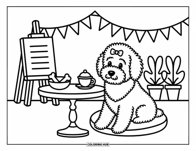 Coloriage de Goldendoodle pour adultes : Un Goldendoodle duveteux avec un nœud assis près d'une table de café avec des gourmandises et des plantes