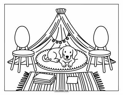 Coloriage de Goldendoodle pour adultes : Un Goldendoodle lové sur un coussin dans une cabane en couvertures avec des lumières de lanterne