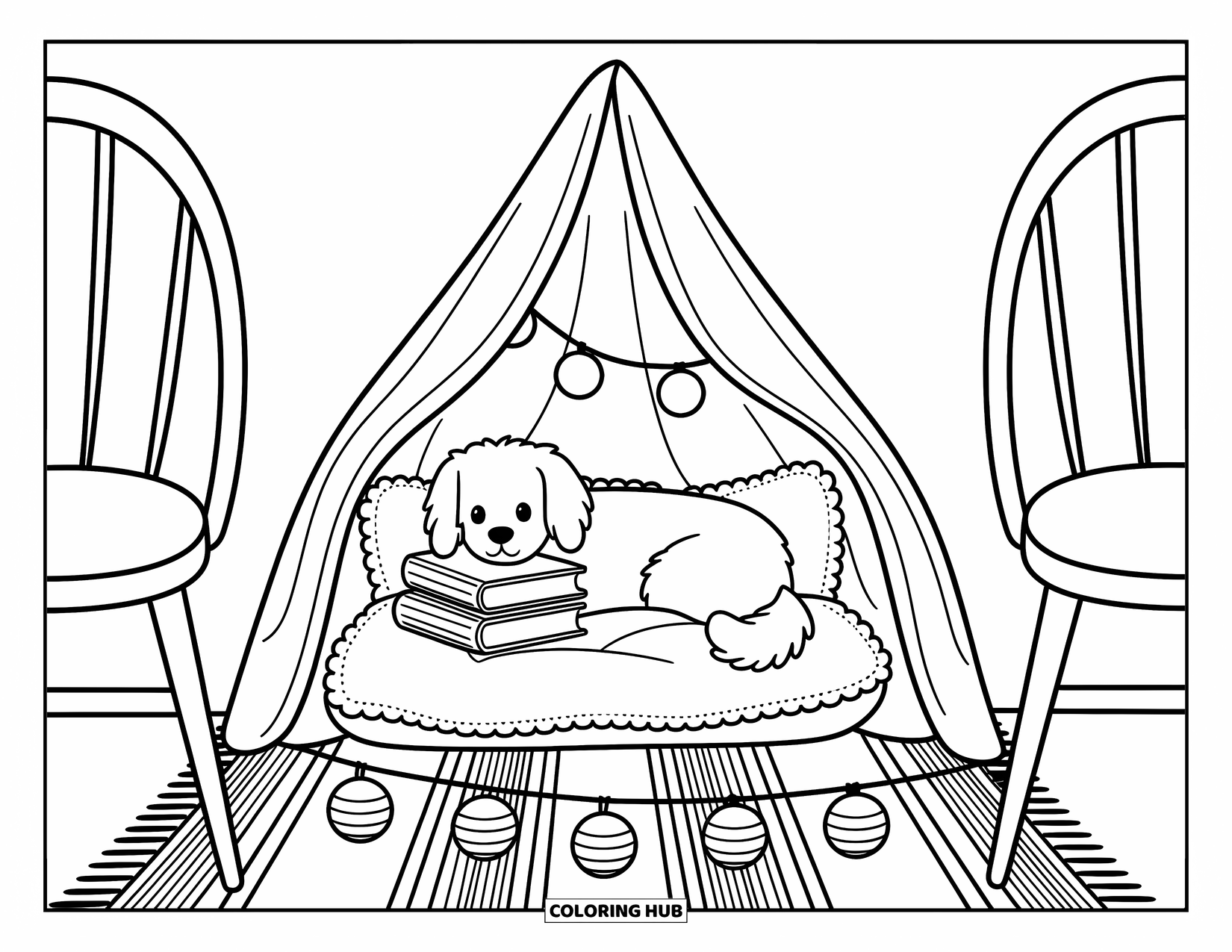 Goldendoodle Coloring Page for Adults: Goldendoodle curled up on a cushion inside a cozy blanket fort with books