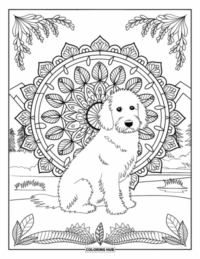 Coloriage de Goldendoodle pour adultes : Un Goldendoodle encadré par un mandala botanique et un décor naturel