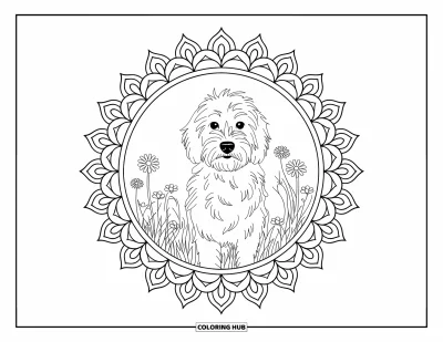 Coloriage de Goldendoodle pour adultes : Un Goldendoodle dans un champ fleuri encadré par une bordure en mandala